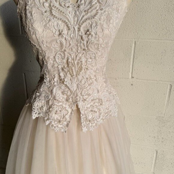 Vintage Jessica McClintock White Princess Beaded Halter Wedding Dress Size 6 - Picture 3 of 10